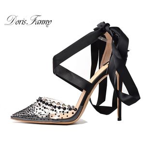 Lässige Designer Sexy Lady Mode Damenschuhe Schwarze Riemchennieten hochhackige PVC klare Absätze Stiletto Damensandalen 12cm 10cm 8cm