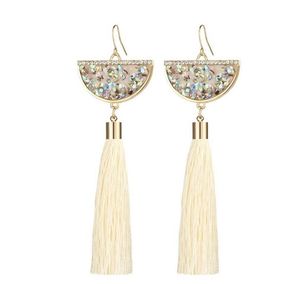 Bohemian Crystal Tassel Dangle Örhängen Svart Vit Blå Röd Grön Silk Tyg Lång Drop Tassels Örhänge För Kvinnor Smycken Gifts Partihandel