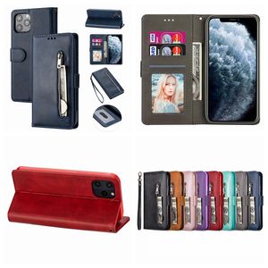 Leather Wallet Cases For IPhone 12 11 XR XS MAX X 8 7 6 Galaxy S20 Note 20 10 Zipper Holder Photo Pocket ID Card Slot Stand Flip Cover Strap