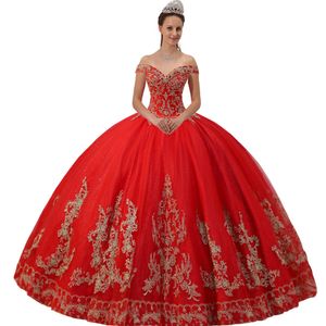 Glamouröse scharlachrot rote funkeln tüll gold bestickt quinceanera dress aus dem schulter feger schleife glitter sweet 16 ballkleid