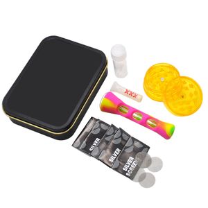 Tobacco Pipe Kit Combo Black Case With Pattern Stick Silicone One Hitter Metal Filter Screen Mini Grinder Smoke Filter Tip Smoking Pipe Set