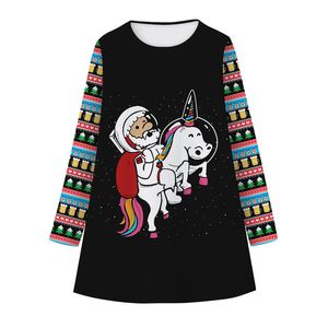 Nowa Świąteczna Space Unicorn Digital Drint Girls Sukienka Modna Długi Rękaw Dziecięca Sukienka Jesień Zimowa Sukienka