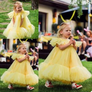 2021 Cute Yellolw Flower Girls Dresses Cap Sleeve Puffy Tulle Skirt Girls' Pageant Gowns Kids Birthday Party Dress