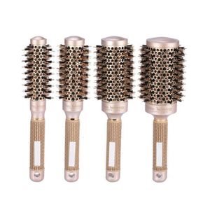 Ouro Professional redondas escova de cabelo Dentes Cerâmica Ferro de cabelo Flexiable rolos tipo pente Anti-estático alumínio Barrel Escova Pente