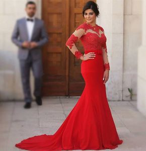 Abiti da sera a sirena rossa Maniche lunghe trasparenti Applique in pizzo Robe De Soiree con abiti da ballo con fascia a fiocco