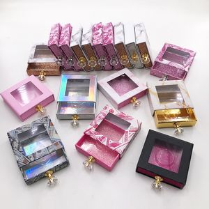 New Lashes Box Eyelash Packaging Box Custom Crystal Handle Lash Case for Fluffy 25mm Natural 3D Mink False Eyelashes