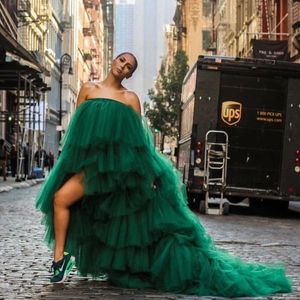 Fashion African Woman Tulle Dress Prom Dresses Dark Green Tiered Ruffles Strapless Sweep Train Evening Gown Evening Dress223W