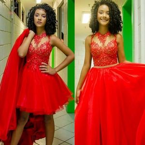 2021 Röd två bit Tulle Prom Klänning Lace Appliques Beaded Aftonklänningar Avtagbar kjol Custom Made Abendkleider Robe de Soiree