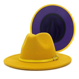 Żółty niebieski patchwork wełna filc fedora kapelusze z żółtym skórzanym zespołem vintage moda mężczyźni kobiet czapka jazzowa panama kapelusz