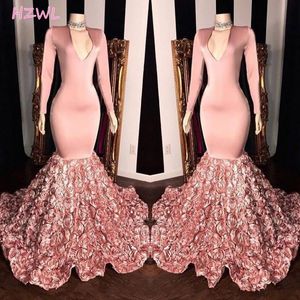Pink Deep V Neck Mermaid Prom Dresses 2021long Sleeves 3d Rose Ruffled Satin Sweep Train Evening Gowns Robe De Soiree