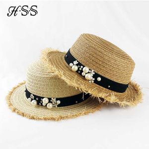 HSS Hot Sale + Flat Top Straw Hat Sommar Spring Kvinnors Trip Caps Fritid Pearl Beach Sun Hattar M Brev Andas Fashion Flower