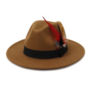 人工的なウールFedora Hats女性の男性は羽のバンドの白い帽子フラットブリムトップジャズパナマキャップでビンテージスタイルを感じました