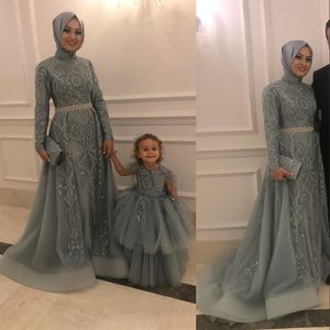 New Aso Ebi Arabisch -Muslimgrau Stickerei Spitze Kristallperlen Abschlussball Langarmiger Abend Abendkleider Tüll formelle Partykleider 403