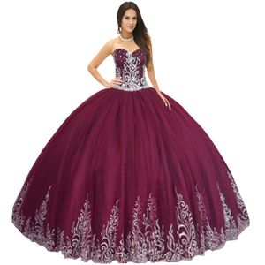 Pretty Sweetheart Burgundy Quinceanera Dress Swirling Embroidery Around Hemline Floor Length Tulle Pleated Skirt Princess Sweet 162524