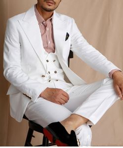 2020 White Groomsmen Peak Risvolto Smoking dello sposo Uomo Abito da sposa Best Man Blazer Prom Dinner Abito 3 pezzi (giacca + pantaloni + cravatta + gilet)