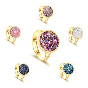 Fashion Jewelry Luxury Silver Gold Druzy Ring with Side Stones 12mm Bling Round Resin stone Adjustable Rings For women Ladies Jewellry