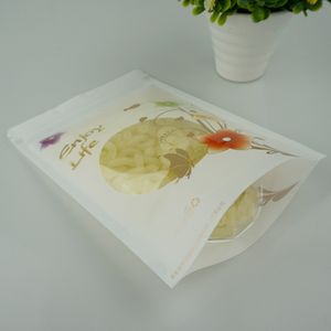 白い透明な花の印刷ジップロックバッグ、100ピースの自立食品保管袋、プラスチックジップDoypack再利用可能