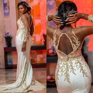 African Plus Size Evening Dresses Mermaid Style Lace Applique Beaded Hollow Back Long Sleeve Sequined Prom Gowns Elegant vestido de novia