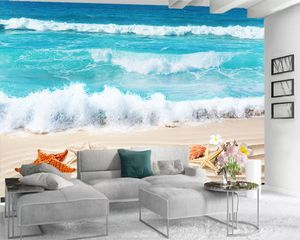 3D-moderne Tapete, individuelles Foto-Tapeten-Wandbild, blaue Welle, Muschel, Seestern, romantische Landschaft, dekorative Seide