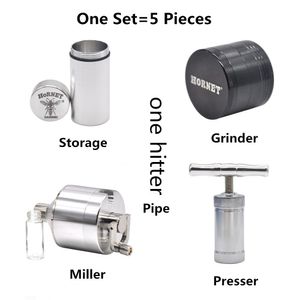 Honeypuff Tobacco Rökuppsättning inkluderar metall pollen Press + Mini Hand Crank Miller + Metal Stash Jar + 4 lager Mini Grinder och Ceramic One Hitter