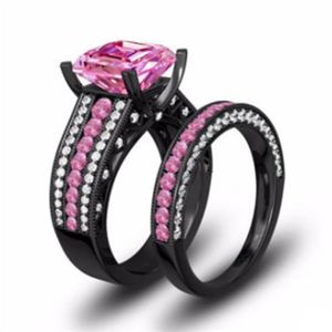 Choucong Brandneuer Luxusschmuck 10KT Schwarzgoldfüllung Princess Cut Rosa Topas CZ Diamant Eternity Paarring Damen Hochzeit Brautring Set