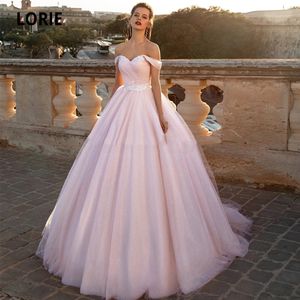 Lorie glitter tulle rosa bröllopsklänningar boll klänning 2020 ny av axel lacing party brudklänningar boho klänning plus storlek