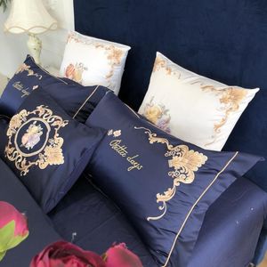 Royal Blue Elegant Embroidery 60S Satin Washed Silk Bedding Set Cotton Duvet Cover Bed Linen Fitted Sheet Pillowcases Bedclothes b246E