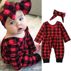 Xmas crianças Roupa para meninas meninos Plaid Romper infantil de Natal estrutura macacões com headband Primavera Outono moda bebê roupas de escalada