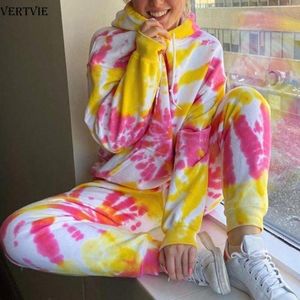 VERTVIE Tuta da donna Due pezzi Set da corsa Pantaloni con cappuccio Top Tie Dye Felpe con cappuccio Ropa Mujer Estate 2 pezzi Tute Abbigliamento sportivo