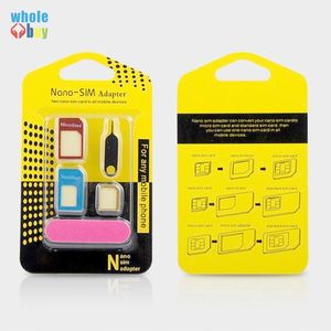 500 pz/lotto SIM Card 5 in 1 metallo Nano SIM Card Micro card Adattatore convertitore sim Standard per iPhone 4 tutti i cellulari con Pin di espulsione