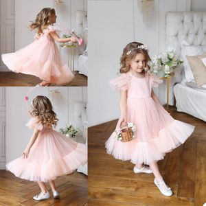 2021 светло-розовый цветок девочки платья Cap рукава тюль чай Длина девушки Pageant платья сшитое Дети Birthday Party платье