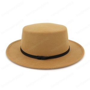 Осень Зима Широкого Брим Черная Шерсть Fedora Hat Женщина Vintage Flat Top Jazz Hat пояс Caps Bowler Mix цвет