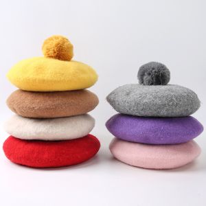 Berets Children Pompoms Beret Hat Solid Color Octagonal Cap Girls Winter 100%Wool Painter Hats For 1-4Years Kids Caps