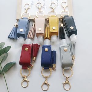 30ML Hand Sanitizer Bottle Capa T-forma de armazenamento Sacos PU Tassel Titular Keychain Protable Chaveiro Tampa KHA716