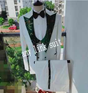 Популярная натуральная слоновая IVORY Groom Tuxedos Green Pattern Peak Peak Groomsmen Mens костюмы свадьба / выпускной / ужин Blazer (куртка + брюки + жилет + галстук) K537