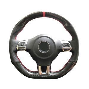 5D Carbon Tłęcznik Skórzany Kierownica Ręcznie Szycie Wrap Pokrywa Fit dla Volkswagen Golf 6 GTI MK6 / Polo GTI / Scirocco R