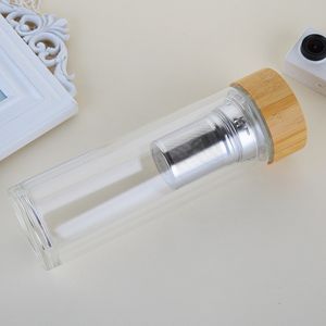 New 450ml Bamboo Lid Water Cups Double Walled Glass Tea Tumbler With Strainer And Infuser Basket Glass Water Bottles