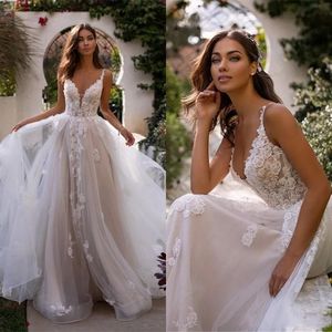 Vintage-Inspired A-Line Lace Wedding Dress with Deep V-Neck, Tulle Appliques, Spaghetti Straps, Ruffle Detail, and Sweep Train in Plus Sizes