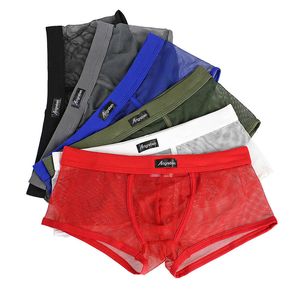 Män Sexiga Underkläder Brev Skriv ut Gay Boxer Andningsbara Shorts Mjukt Bekvämt Mesh See Through Bulge Pouch Underbyxor