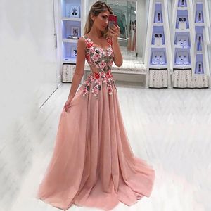 Abiti da sera rosa A-Line Senza maniche Appliques Flowers Cut-out Speciale Occasioni Party Dress Sweetheart Neck Vestido de Fiesta