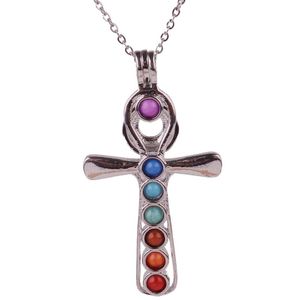 K1696 Lucky Cross Chakra Stones Reiki Point Bead Pearl Cage Arom Essential Oljediffusor Locket Halsband Rostfritt Stålkedja