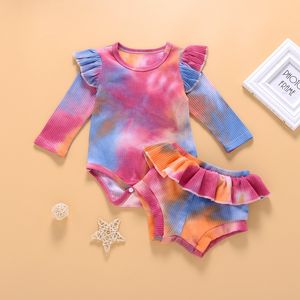Baby Tie Dye Zestawy Odzież Odzież Długie Romper + Ruffle PP Spodnie 2 sztuk / zestaw butikowych niemowląt stroje M2697
