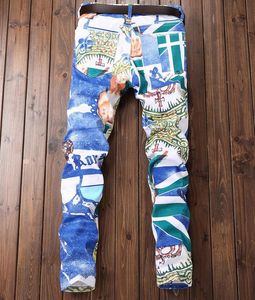 hot popular New printed coated floral jeans causal slim straight beggar pants Chinese style zipper flyer pattern trousers