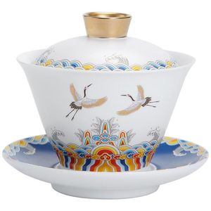 Heat-resistant Single Ceramic Enamel Tea Tureen White Porcelain Gold Gaiwan High-end Teacup Household Sancai Covered Bowl 160ml