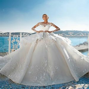 Vestidos de casamento de luxo em forma de cristal de penas de cristal de penas appliqued lace sexy sheer manga longa vestido de noiva feito personalizado treinar vestido nupcial