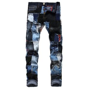 Colorblock Stitched Jeans Four Season Men's Patchwork Spliced Ripped Denim Pants Male Fashion Slim Colored Patch Straight Jeans