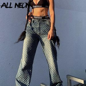 ALLNeon Y2K Moda Distressed Allentato Pantaloni Blu Dritto Hip Hop Demin Jeans Strappati a Vita Alta Vintage Streetwear Anni '90 Rave Autunno