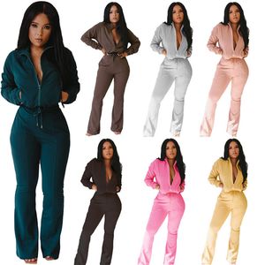 Women fall winter clothing solid color tracksuits long sleeve jacket flared pants two piece set casual black outfits S-2XL jogger suit 3934