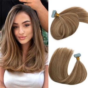 Premium Highlights Tape in Human Hair Extensions#8 color Mixed #24 Blonde color Balayage Invisiable Tape on Hair Extensions 100g/40pcs