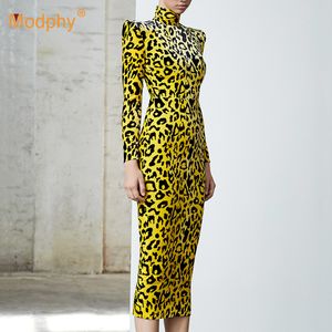 2020 vinter ny mode leopard tryck lång klänning elegant kvinnor långärmad bodycon klänning kändis kvällsfest landningsbanan vestidos t200911